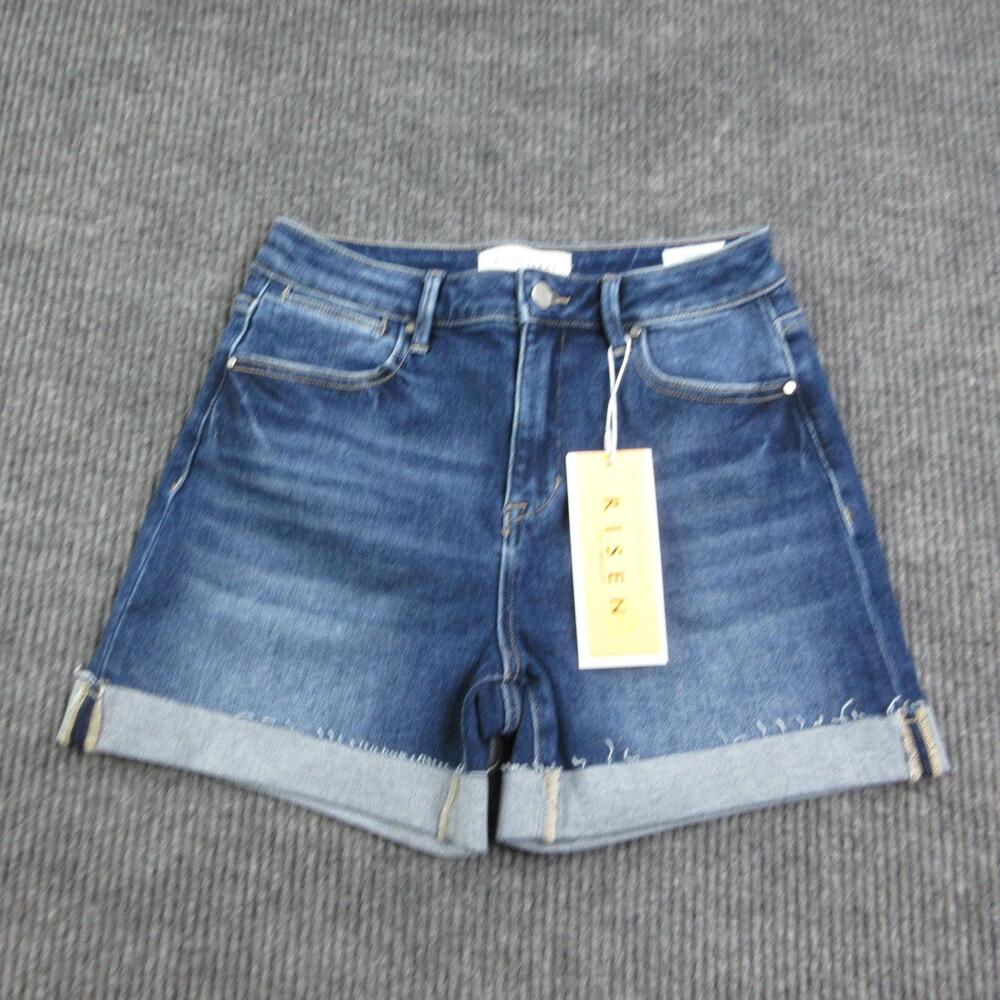 RISEN Shorts Womens M Blue Denim Cut-Off Cuffed Fringe 5-Pocket 27x4.5* NWT